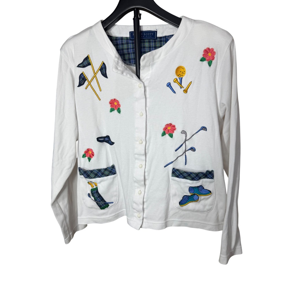 Karen Scott Womens Golf Embroidered Cardigan White Plaid Trim Large L